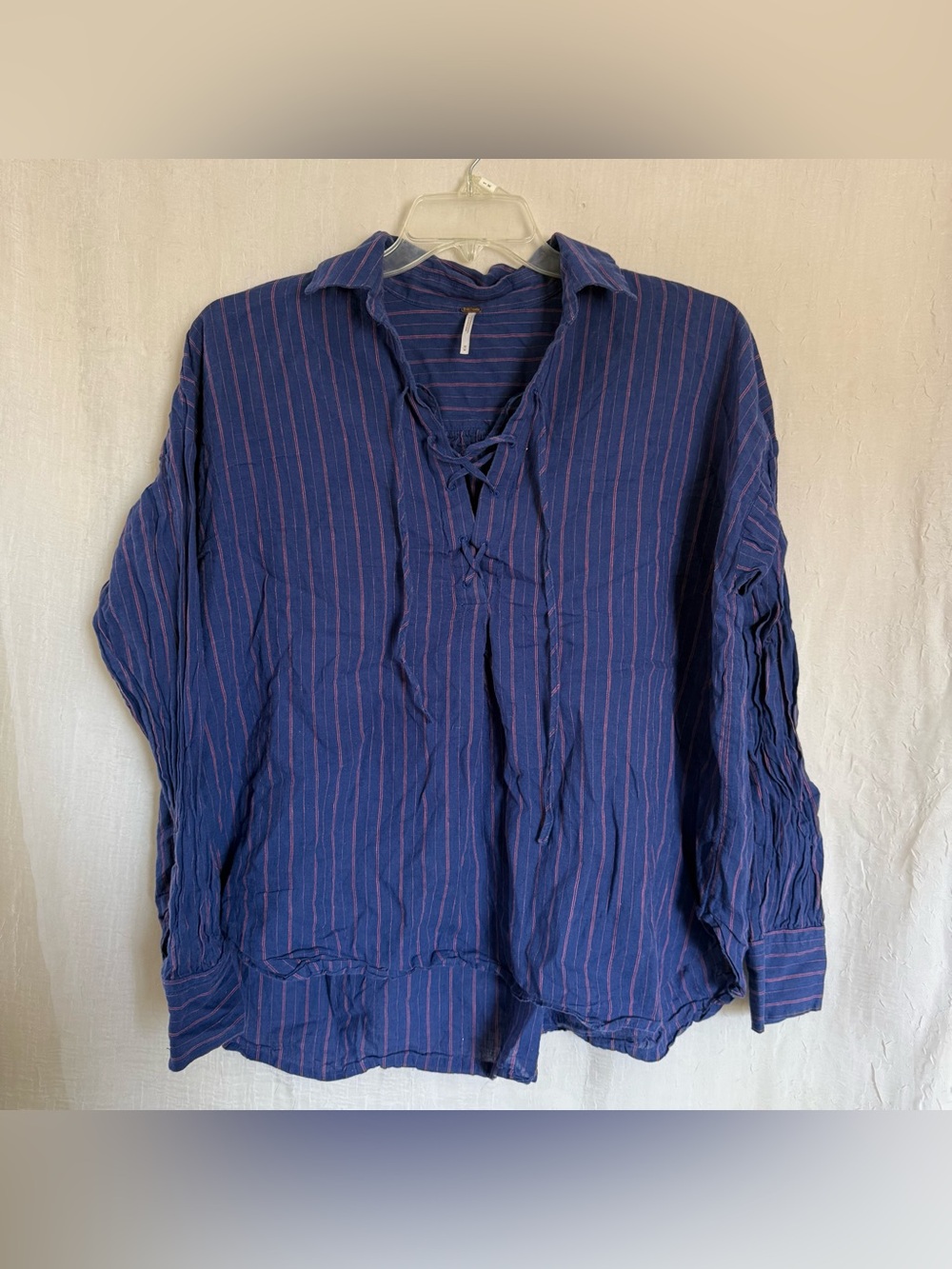 Free People Navy Blue Pinstripe Lace-Up Casual Shirt